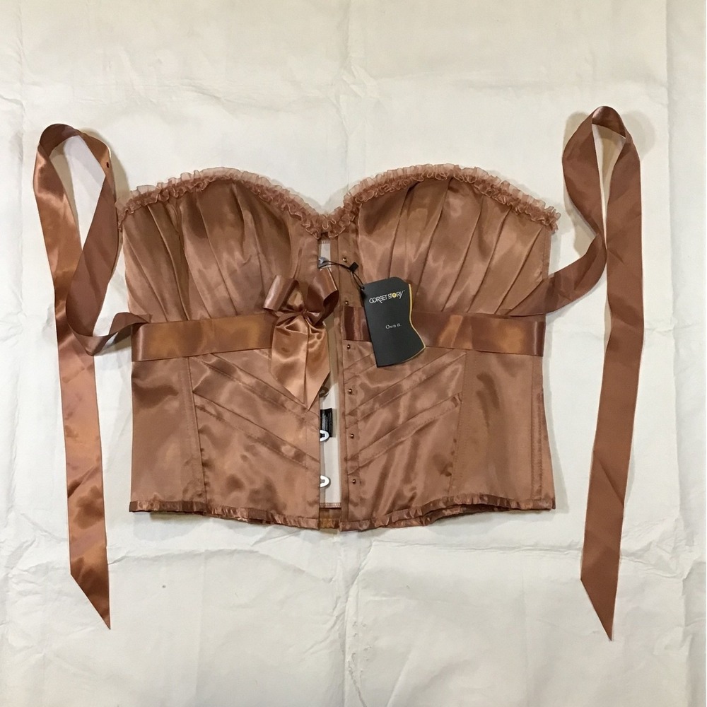 Corset Story Brown Satin Pleated Overbust Corset Steel Boned Ribbon Tie NWT UK22